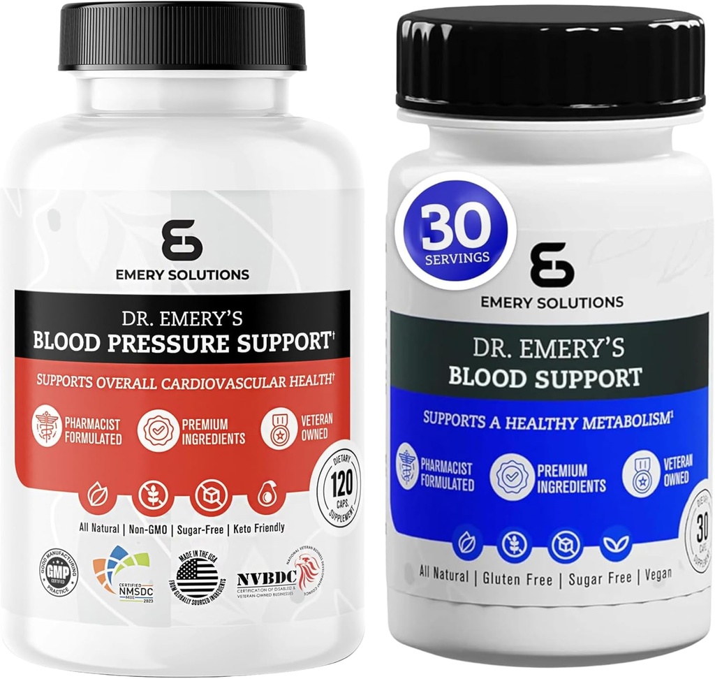 Dr Emery's Blood Pressure Support & Blood Support Capsules Magnesium D3 Kalium CoQ10 B6 B9 B12 Vitaminen Zink Vegan Sugar Free