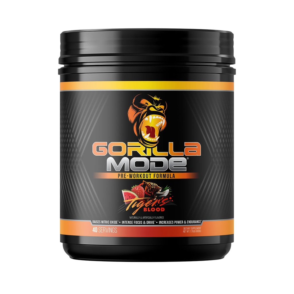 Gorilla Mind Pre Workout - Massive Pumps Laser Focus Energy Power - L-Citrulline, Creatine, L-Tyrosine, Betaine, Hydroprime, Alpha-GPC, 400mg Cafeïne, Huperzine A - 800g (Tigers Blood)