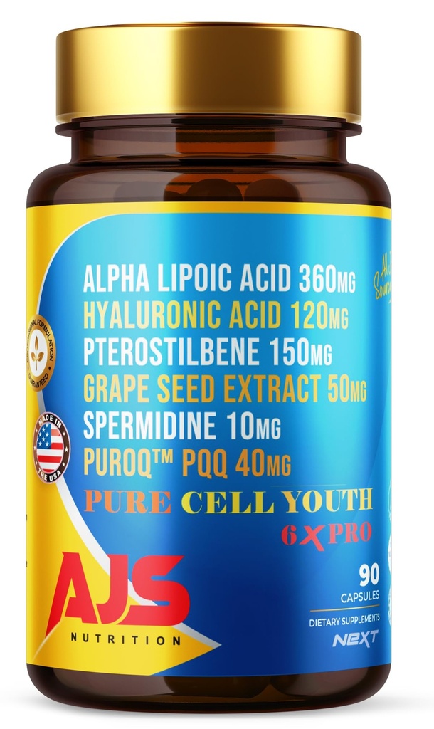 AJS Pure Cell Youth 6X PRO, 90 Capsules -PQQ 40mg, R-Lipoïnezuur 360mg, Natrium Hyaluronaat 120mg, Pterostilbene 150mg, Druivenzaadextract 50mg, Spermidine 10mg