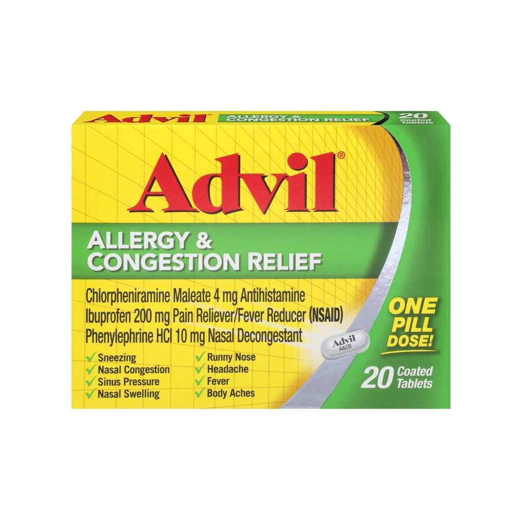 Advil Allergie en congestie Relief Tablets, Pijnstiller, Koortsreducer en Allergie Relief met Ibuprofen, Fenylefrine HCl en Chlorfeniramine Maleaat 4 mg - 20 gecoate tabletten