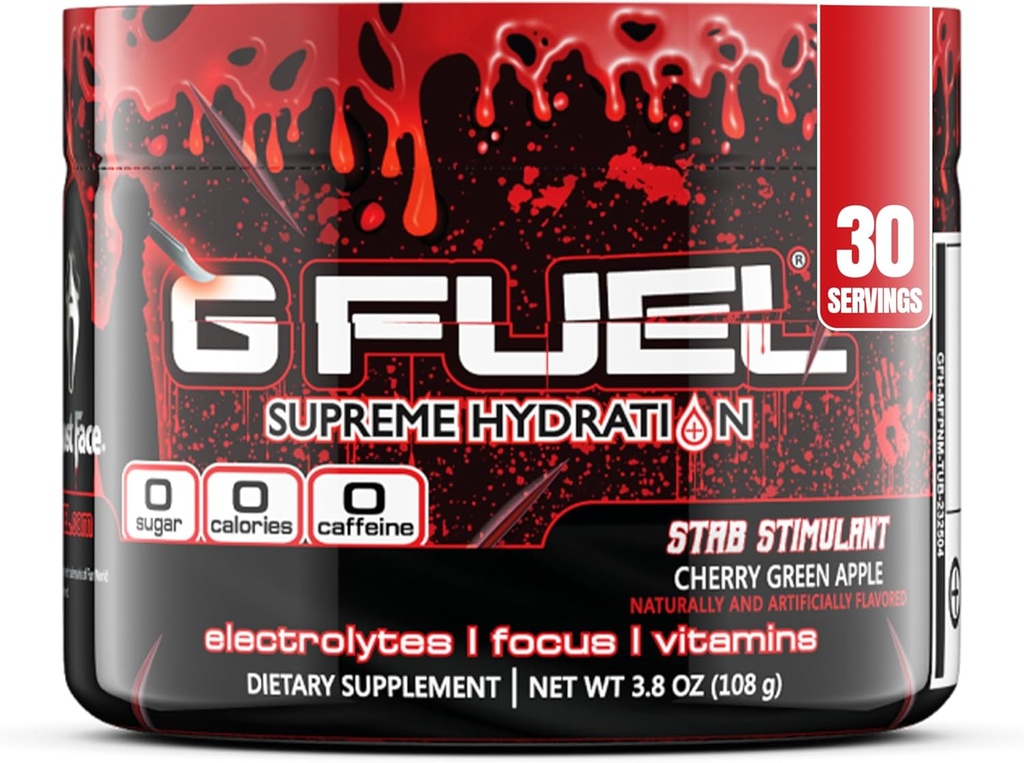 G Fuel Electrolyte Powder, Cherry Green Apple, Stab Stimulant, Zero Sugar en Cafeïnevrije Hydration Mix met Elektrolyten en Vitaminen, 3.8 oz (Ghost Face, 30 Servings)