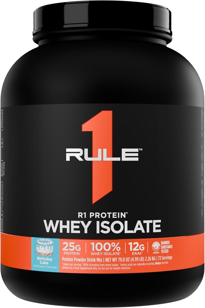 Regel 1 R1 Proteïne Wei Isolaat - Met 25g Proteïne & 6g BCAA Exclusief uit geïsoleerde en gehydrolyseerde bronnen voor workout herstel (5 pond*, verjaardagstaart)