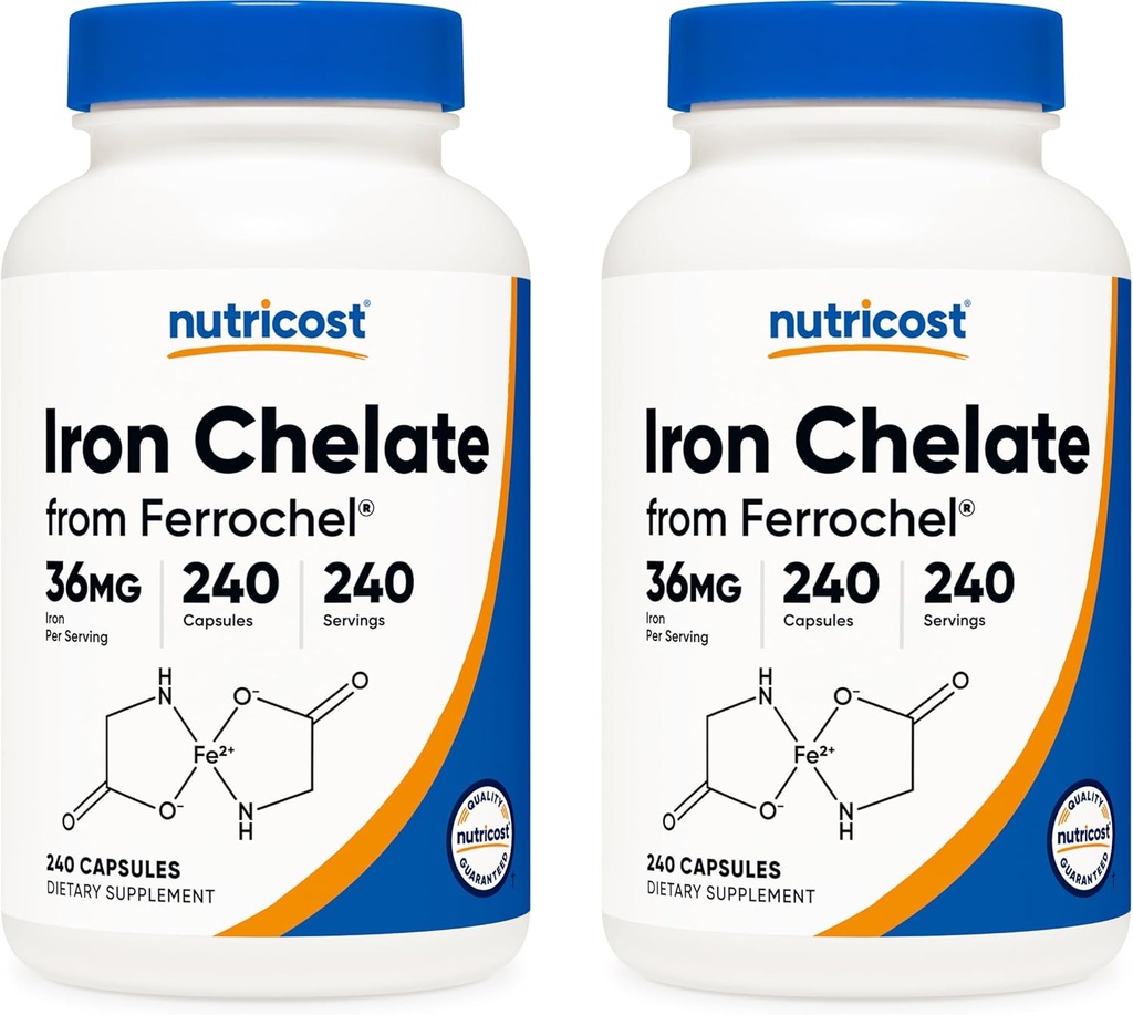 Nutricost gecheleerd ijzer, als Ferrochel, 36mg, 240 Capsules (2 flessen)