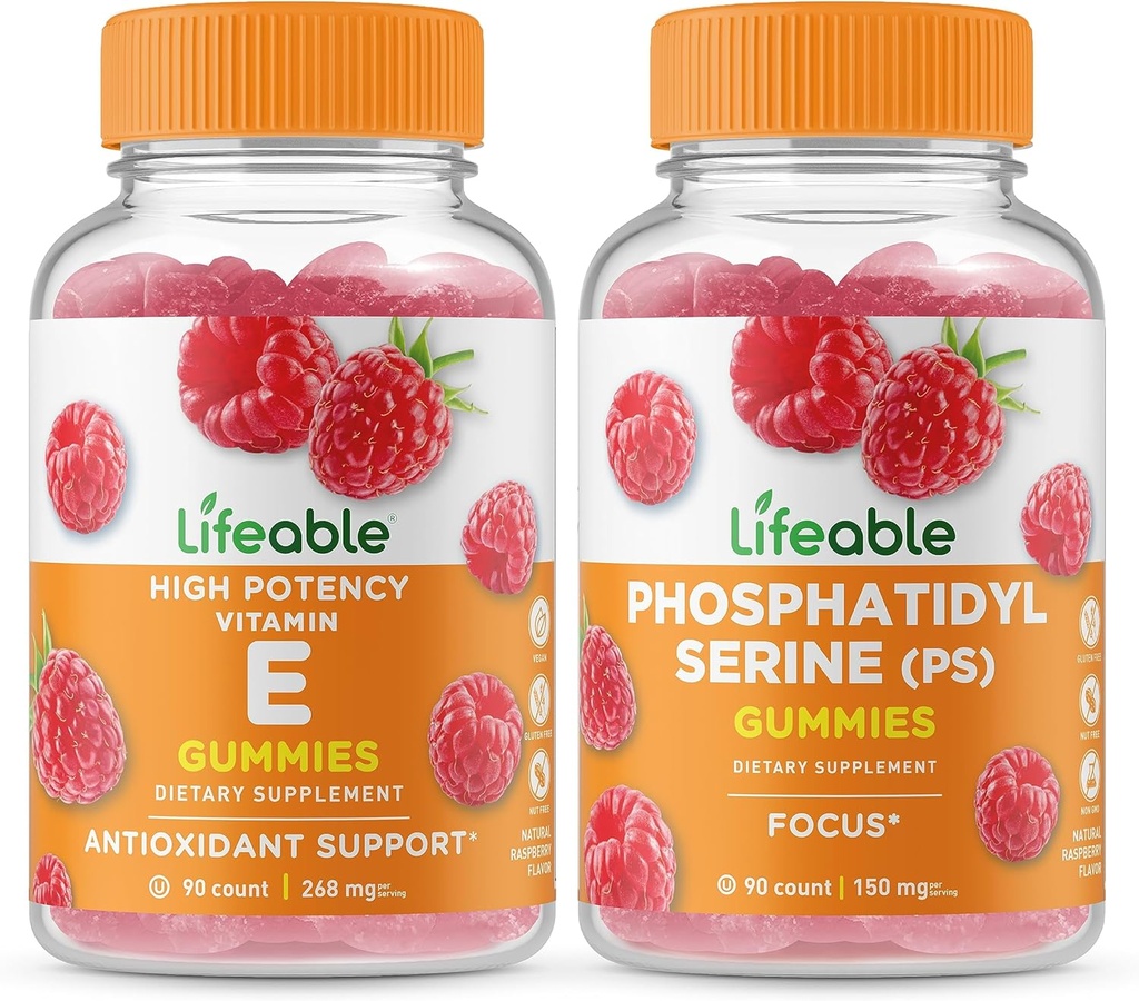 Levensvatbare Vitamine E + Fosfatidylserine (PS), Gummies Bundle - Grote Proeverij, Vitaminesupplement, Glutenvrij, GGO-vrij, Kauwgom