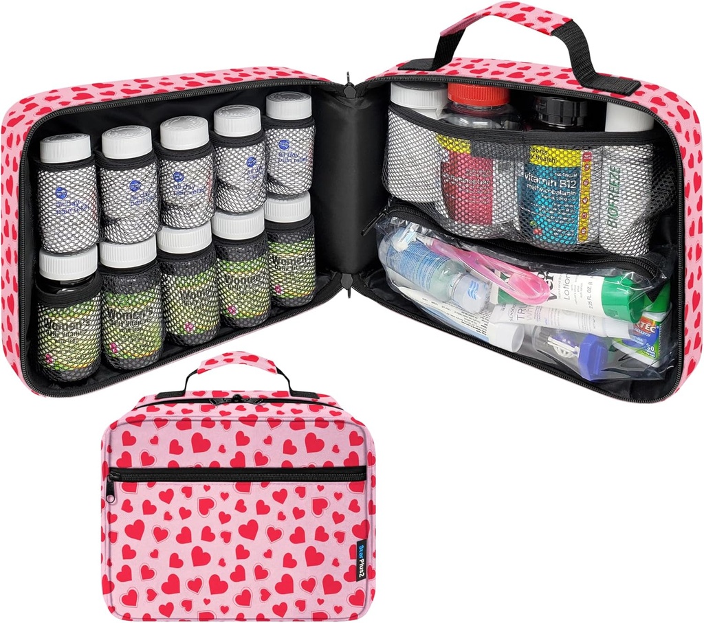 Grote gewatteerde pil Flessen Organisator, Medicine Bag, Case, Carrier voor Medicijnen, Vitaminen, en Medical Supplies - Reis Geneeskunde Organizer en Home Storage Med Bag - Harten (zonder slot)