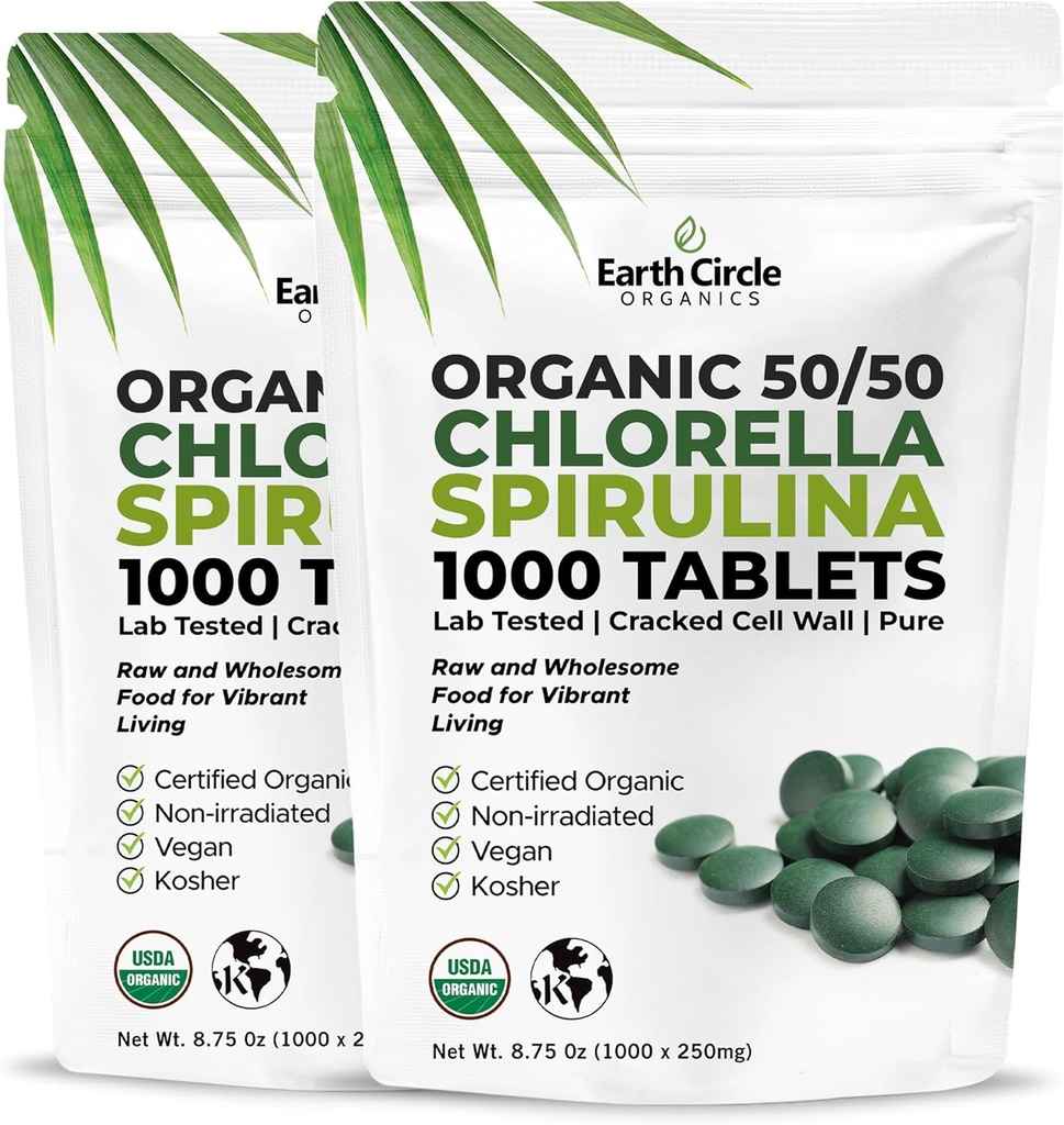 Premium Biologische CHLORELLA /SPIRULINA 1000 tabletten (50/50) Kosher, Vegan - Groene Algen Superfood, Gebarsten Cell Wall, Chlorofyl, Hoog Proteïne & ijzer, geen additieven, of vulstoffen 8,75 Oz (2 verpakkingen)