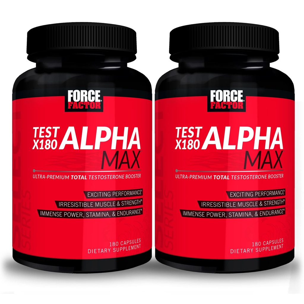 FORCE FACTOR Test X180 Alpha Max, 2-pack, totaal testosteron en stikstofoxide Booster voor mannen met Fenegriekzaad en tribulus om de bloedstroom te verhogen en mannelijke atletische prestaties te verbeteren, 360 capsules