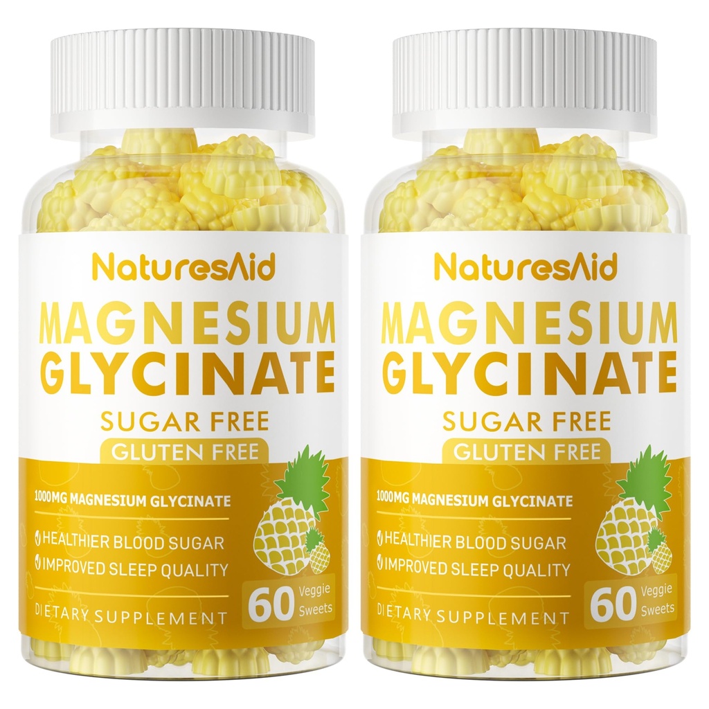 Magnesium Glycinate Gummies 1000mg - Suikervrij Magnesium Kalium Supplement met Vitamine D, B6, CoQ10 voor Kalm Mood & Slaap Ondersteuning - 120 Ananas Gummies -2 Pack
