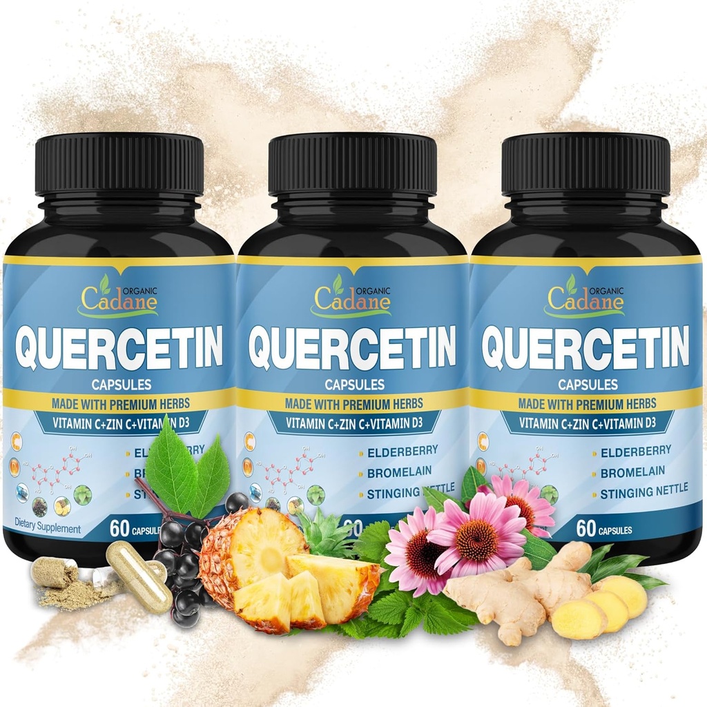 Biologische Cadane 3 verpakkingen 60 capsules Quercetine Extract Capsules - Ondersteuning Immuunsysteem - gecombineerd met Vlierbessen, Bromelain, Gember, Echinacea &amp; More - 3 maand levering