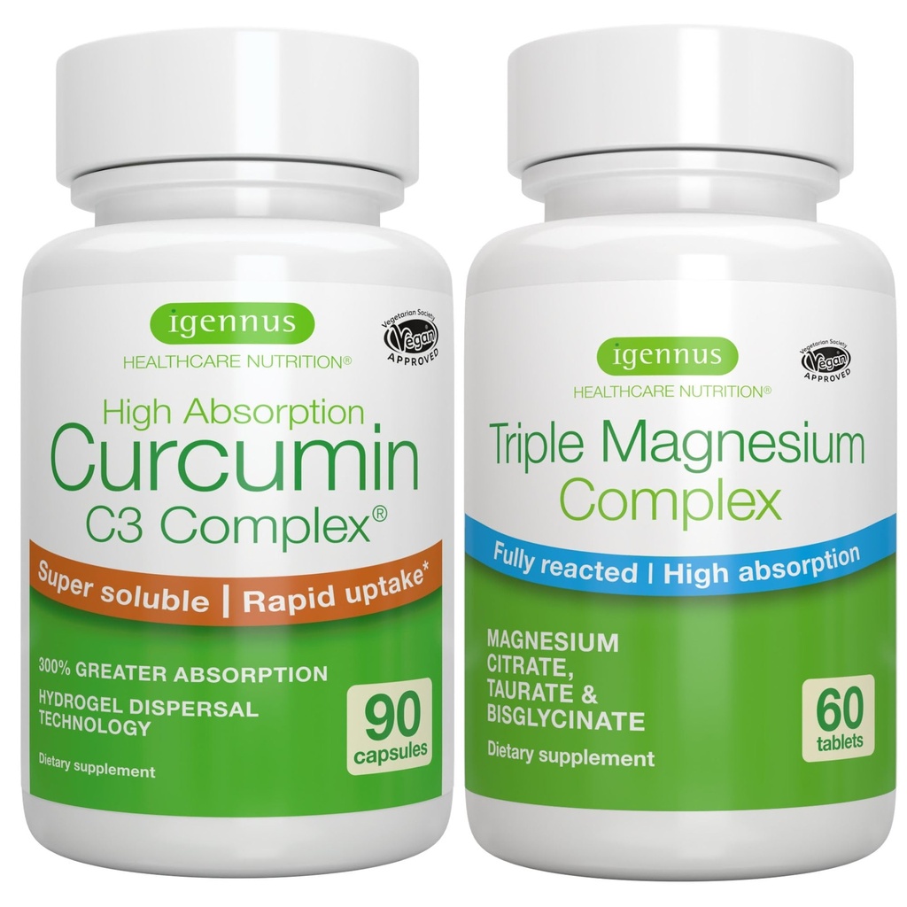 Triple Magnesium Complex + High Absorptie Curcumine C3 Complex, Vegan Bundle, High Absorptie Chelated Glycinate, Taurate & Citrate Magnesium + 300% Grotere Absorptie Curcuminoïden met Rapid Uptake,