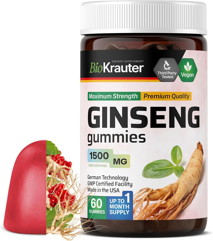 BIO KRAUTER Panax Ginseng Gummies - 1500 mg sterkte - 60 telling - Kauwbare Red Ginseng Supplement - Immune Support Gummies - Vegan, Pectin-based, Non-GMO