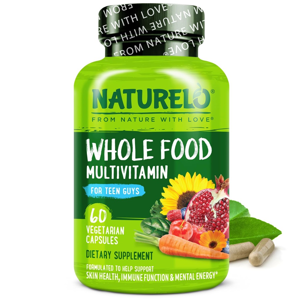 NATURELO Tiener Multivitamine - Whole Food Multivitamine for Teenage Boys - Minerals Supplement for Active Kids - with Plant Extracts - Non-GMO - Vegan & Vegetarian - 60 Capsules