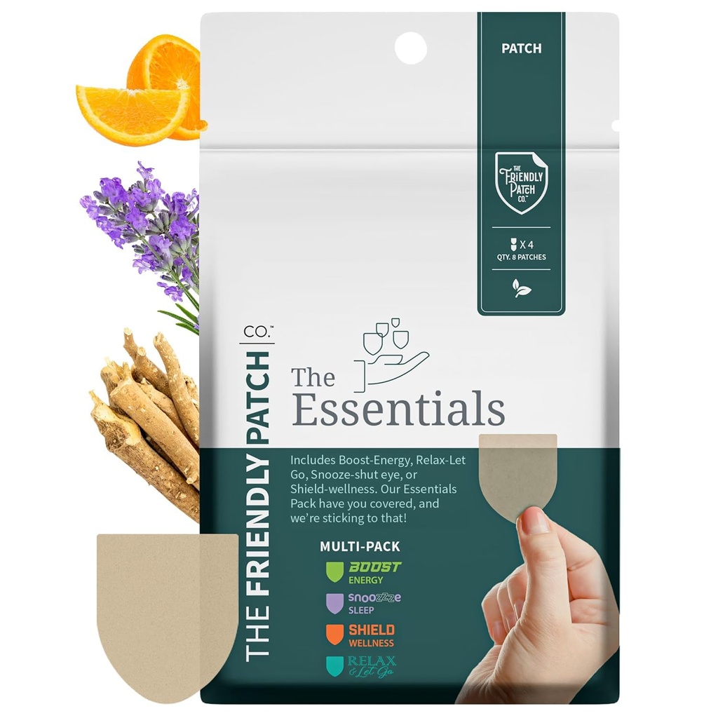 De Friendly Patch Travel Essentials Multi-Pack bevat 8 Patches: Snooze Slaap Patches, Ashwagandha kalme Patches, Boost Energy Patch, en Shield Patches voor Slapen, Ontspannen, en Energie.