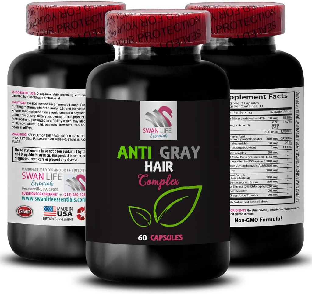 Anti grijs haar pillen - ANTI GRAY HAIR COMPLEX - Kleur vitaliteit, grijze haarverzorging, Verse toon, levendige kleur, Anti grijs haar supplement, Haarschaduw controle, Jeugdige look 1 Fles 60 Capsules