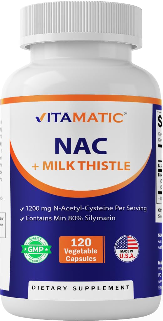 Vitamatic NAC Supplement N-Acetyl-L-Cysteine (NAC) met melkdistel 50:1 Extract - Ondersteunt Immuun, Ademhalingsstelsel, Lever Gezondheid, 1200 mg per portie, 120 Veg Capsules