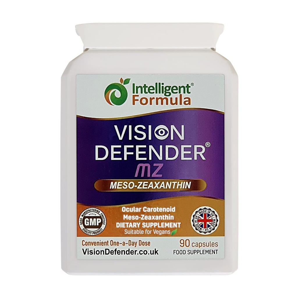 Vision Defender Meso Zeaxanthine Vegan Eye Supplement MZ- Bescherm en verbeter oculaire gezondheid en oogverzorging, hoge sterkte antioxidant Carotenoïde Meso-Zeaxanthine voor ogen (90 capsules/één dag) Made in UK