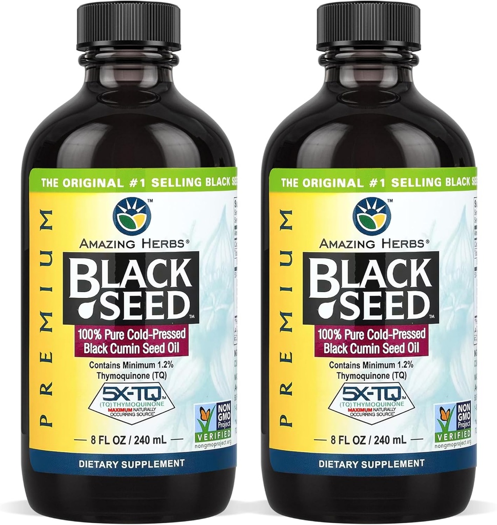 Verbazingwekkende kruiden Premium Black Seed Oil - Glutenvrije, niet GGO, koud geperste Nigella Sativa Aids in spijsverteringsgezondheid, Immune Support, Hersenfunctie - 8 Fl Oz (pakket van 2)
