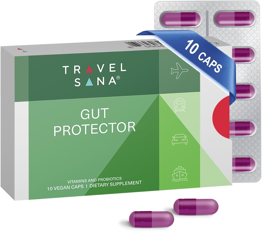 Digestieve gezondheidsondersteuning voor reizigers Stop & preventie van diarree, opgeblazenheid, gas Boost Immuunsysteem Probiotica & essentiële vitamines Fast-Activeing 10 Vegan Caps