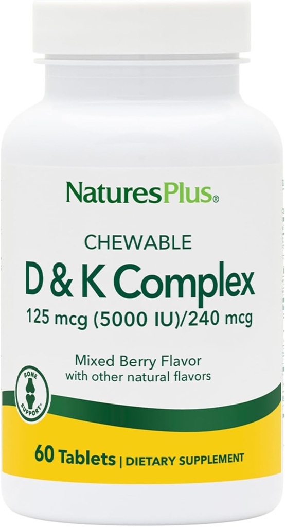 Natures Plus D & K Complex - 60 Mixed Berry Kauwtabletten - Ondersteunt Calcium Metabolisme - Vegetarisch, niet-GMO, Glutenvrij, Sojavrij - 60 porties