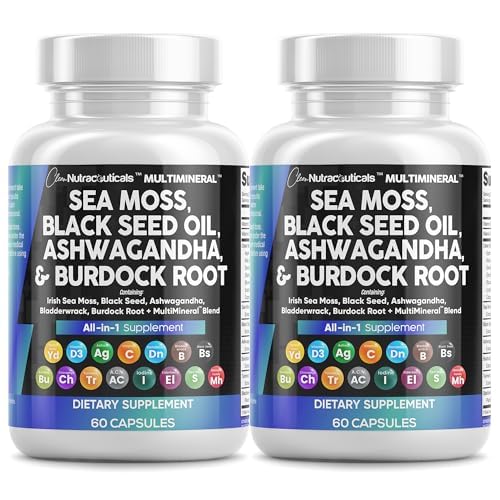 Clean Nutraceuticals Sea Moss Black Seed Oil Ashwagandha Turmeric Bladderwrack Burdock & Vitamin C Vitamin D3 with Elderberry Manuka Dandelion Yellow Dock Iodine Chlorophyll ACV - 2Pack