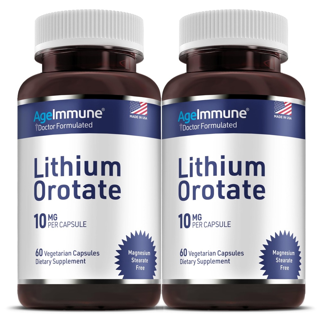 Lithium Orotate Supplement 10mg, 60 Vegetarische Capsules. Ondersteunt geheugen en emotionele welzijn. Magnesium Stearate Gratis Supplementen. (2)