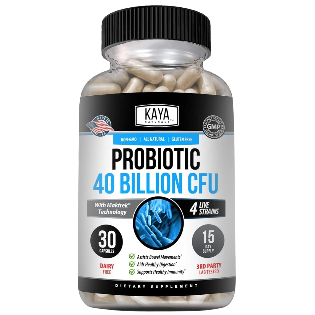 Kaya Naturals Probiotic 40 Miljard CFU - Probiotica voor vrouwen, Probiotica voor mannen en volwassenen, Natuurlijke - Gut Health & Immune Support Supplement - Bevordert spijsverteringsgezondheid - 30 Tel.