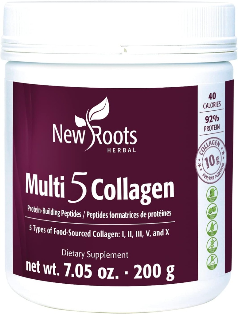 New Roots | Multi 5 Collagen Powder Supplement (Types I, II, III, V and X) Hydrolyzed Collagen - Dairy & Gluten Free - 12g per Serving - 7.05 oz