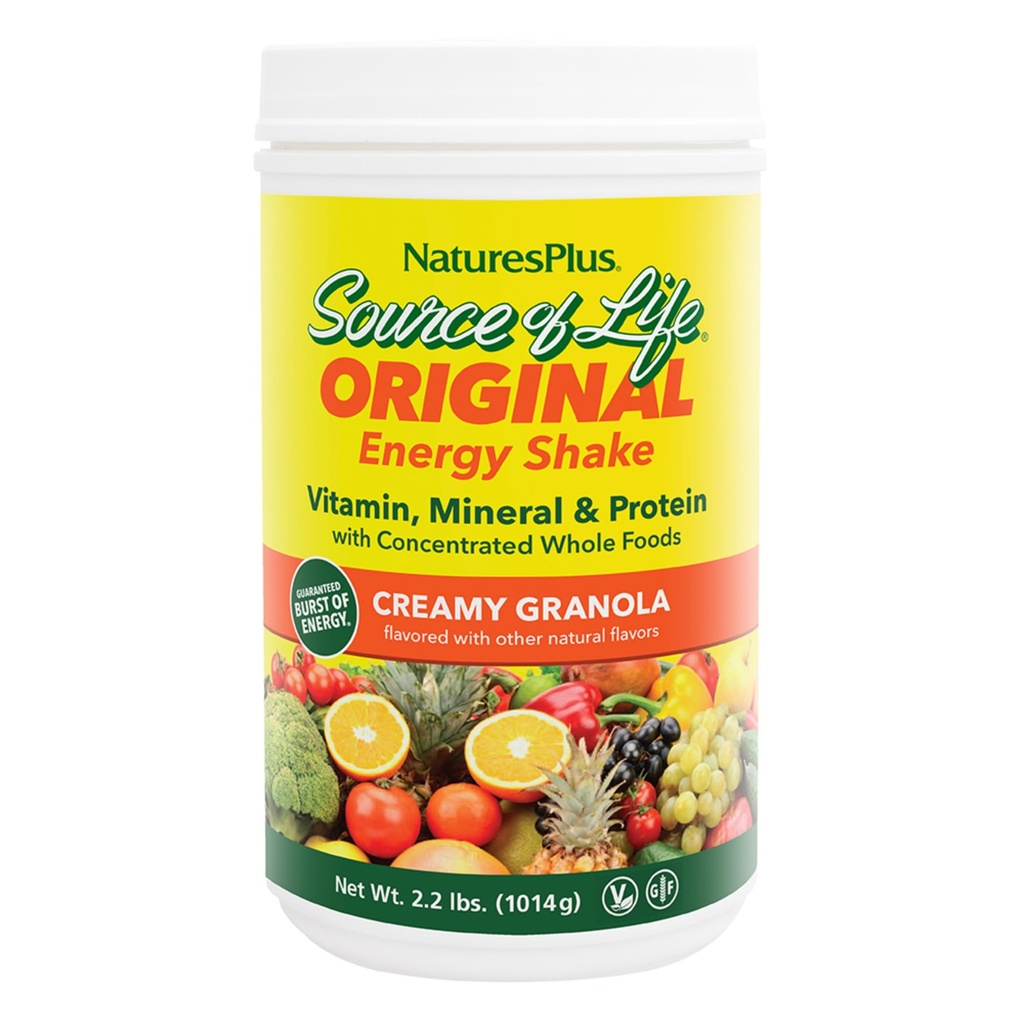 NaturesPlus Source of Life Energy Shake - 2,2 lbs Multivitamine, Mineral & Protein Powder - Granola smaak - Whole Food Meal Replacement - Non-GMO, Vegetarisch, Glutenvrij - 26 porties