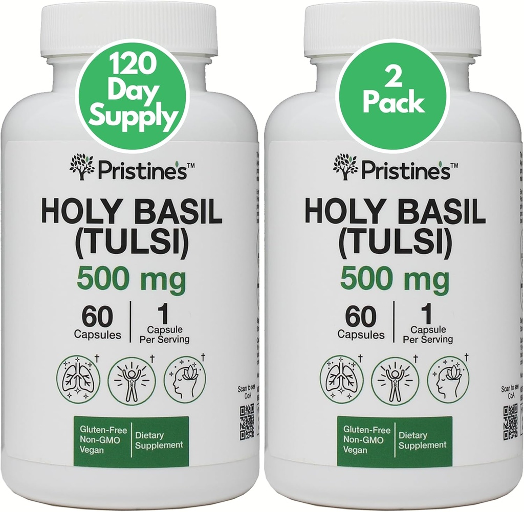 PRISTINE'S Holy Basil (Tulsi) 500 mg (2 Pack) Ontspanning en Immunity Support Adaptogen Supplement - 120 Day Supply - Holy Basil Leaf Capsules - Vegan - Non-GMO - Glutenvrije Supplementen