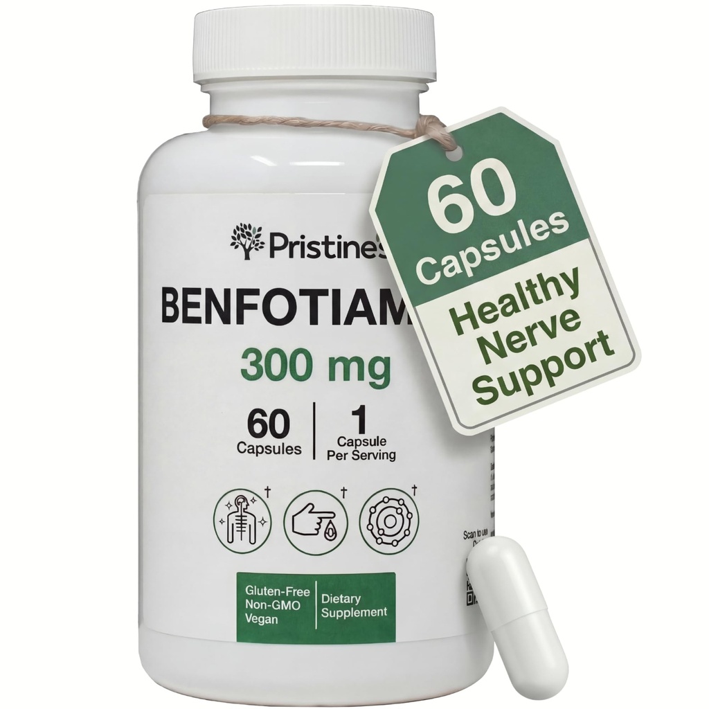 PRISTINE'S Benfotiamine 300mg Hoge biologische beschikbaarheid Zenuw Support Supplement - 60 dagen Supply - Fat Soluble Vitamine B1 Supplementen - Vegan - Non-GMO