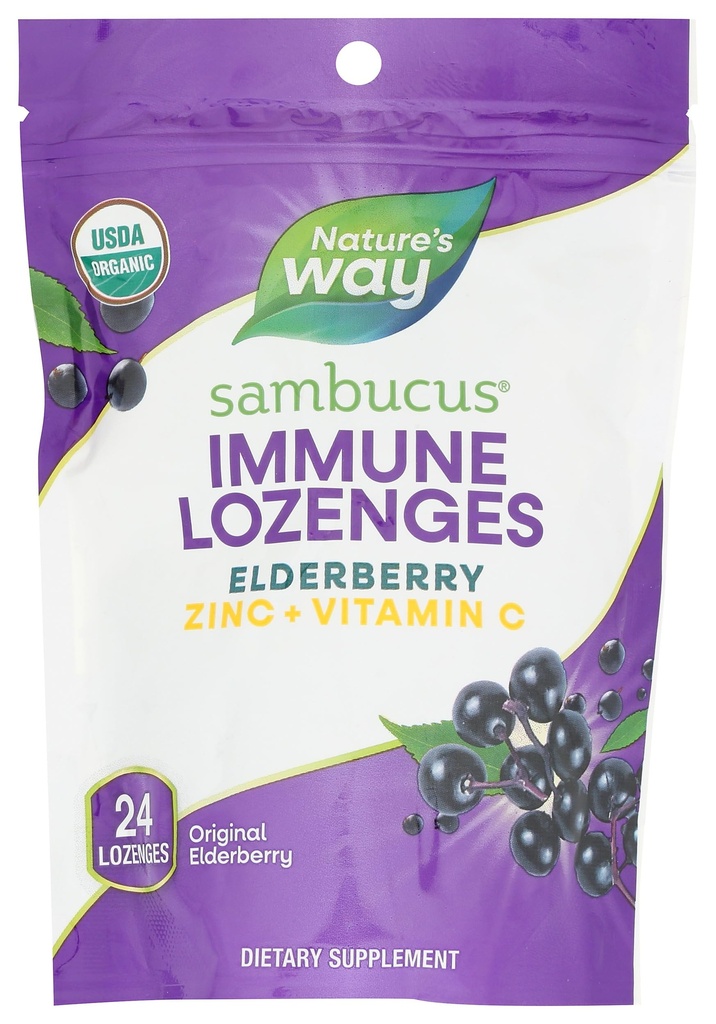 Nature's Way Sambucus Immune Lozen, Zink + Vitamine C, Zwarte Vlierbes Extract, USDA Certified Organic, Original Berry Flavored, 24 Lozen (Verpakking mei Vary)