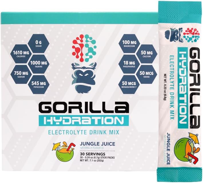 Gorilla Mind Hydration Packets - 3,073mg Elektrolyten On The Go Handige Drink Mix voor uitgebreide replenishment - Zero Sugar, natuurlijk zoet en vasten vriendelijk - 30 Graaf (Jungle Juice)