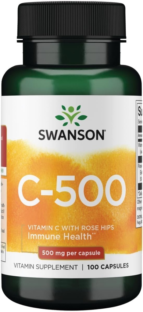 Swanson Vitamin C with Rose HIPS Immune System Support Skin Cardiovascular Health Antioxidant Supplement 500 mg 100 Capsules