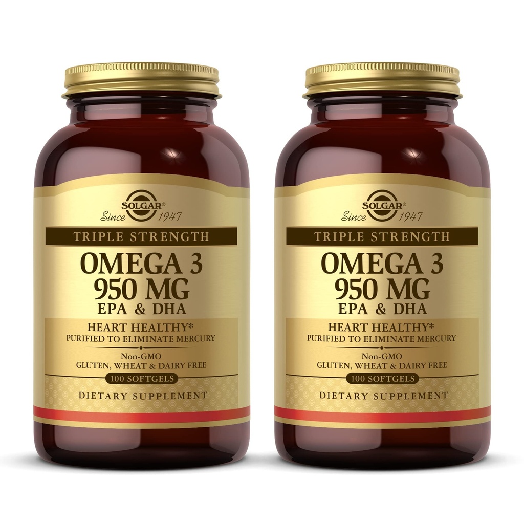 Solgar Triple Strength Omega 3 950 mg - 100 Softgels, Pack of 2 - Supports Joint & Skin Health - Non-GMO, Glutenvrij, Zuivelvrij - 200 Total Servers