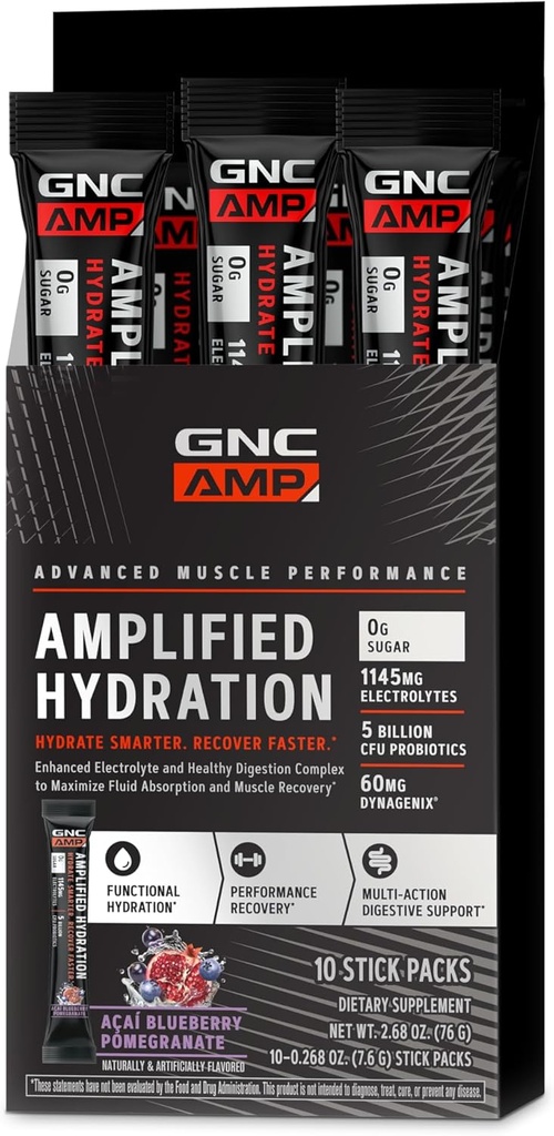 GNC AMP Amplified Hydration Electrolyte Powder Drink Mix Enhanced Electrolyte & Healthy Digestion Complex Acai Blueberry Poomegranate 10 Tellen