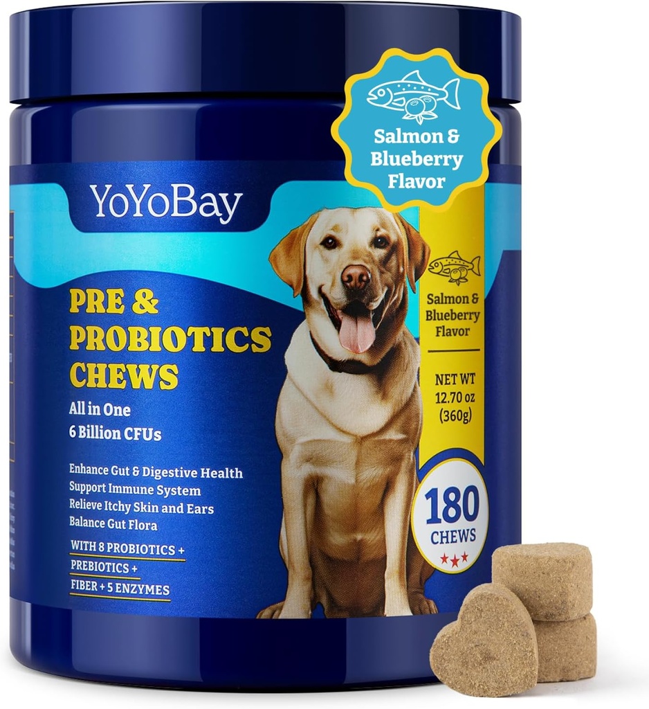 Probiotica voor honden - Hondenprobiotica voor Gut, Immune & Skin Health - 6 miljard CFUs, 180 zachte kauwen, zalm & Blueberry Flavor - met prebiotica & spijsverteringsenzymen