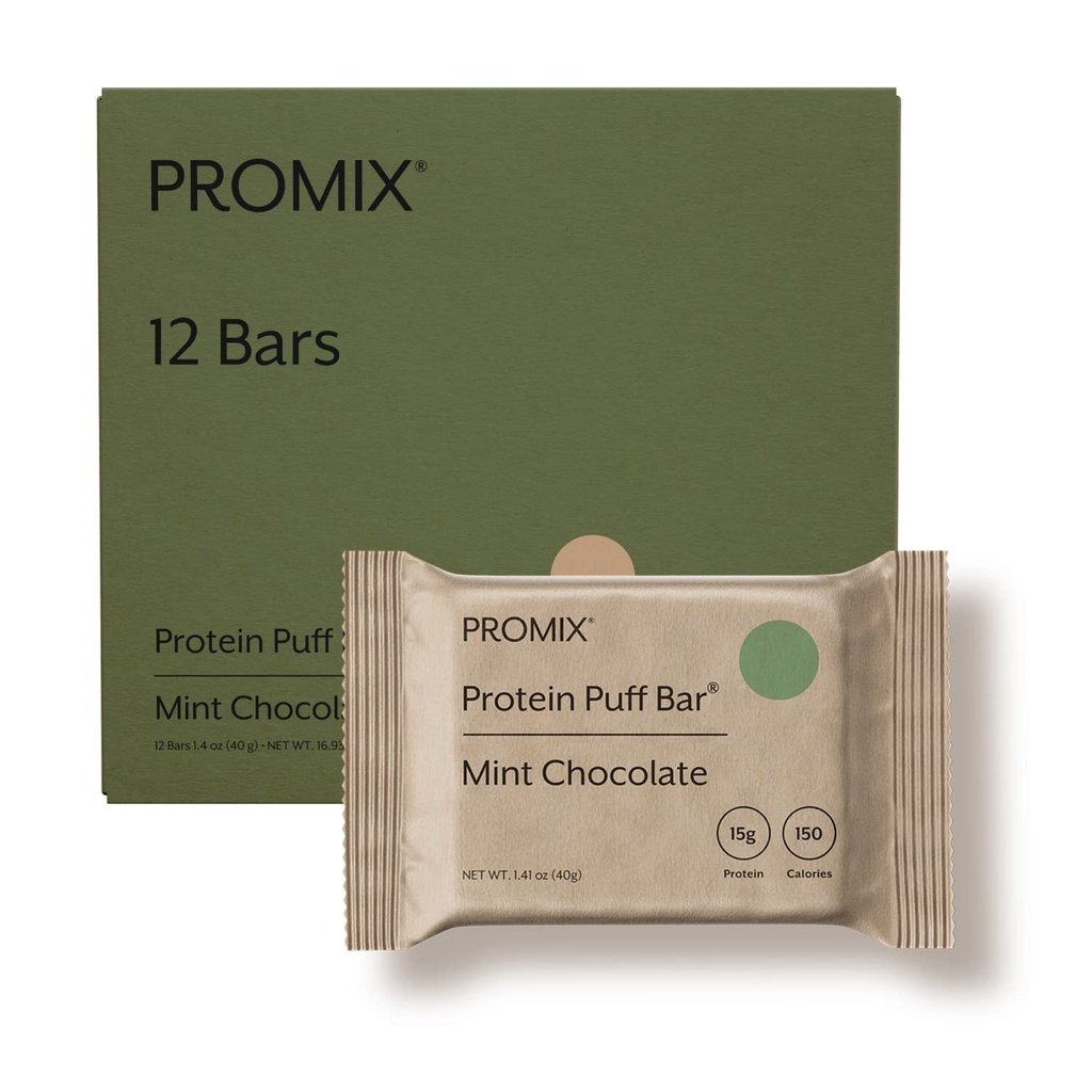 ProMix Nutrition Protein Puff Bars - Mint Chocolate- Marshmallow Crispy Treat - Great Proefing & Healthy On The Go Snack - High Protein & Low Calorie -Free From Gluten, Soy, & Corn - 12 Bars