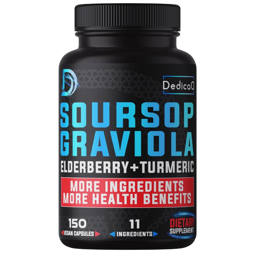 11in1 Graviola Soursop Capsules gedurende 5 maanden Supply with Soursop Fruit, Vlierbes, Kurkuma, Gember, Melkdistel, Cranberry & More - Mood, Immune & Body Health - 150 Vegan Capsules