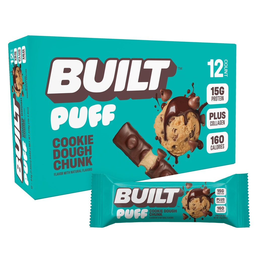 Built Bar, Puff Protein Bars, Cookie Dough Chunk Puff, 15g Protein Snacks, On-The-Go Bars, Slechts 160 Calorieën, 8g Suiker, Collageen, Niet Glutenvrij, 12 Tellen