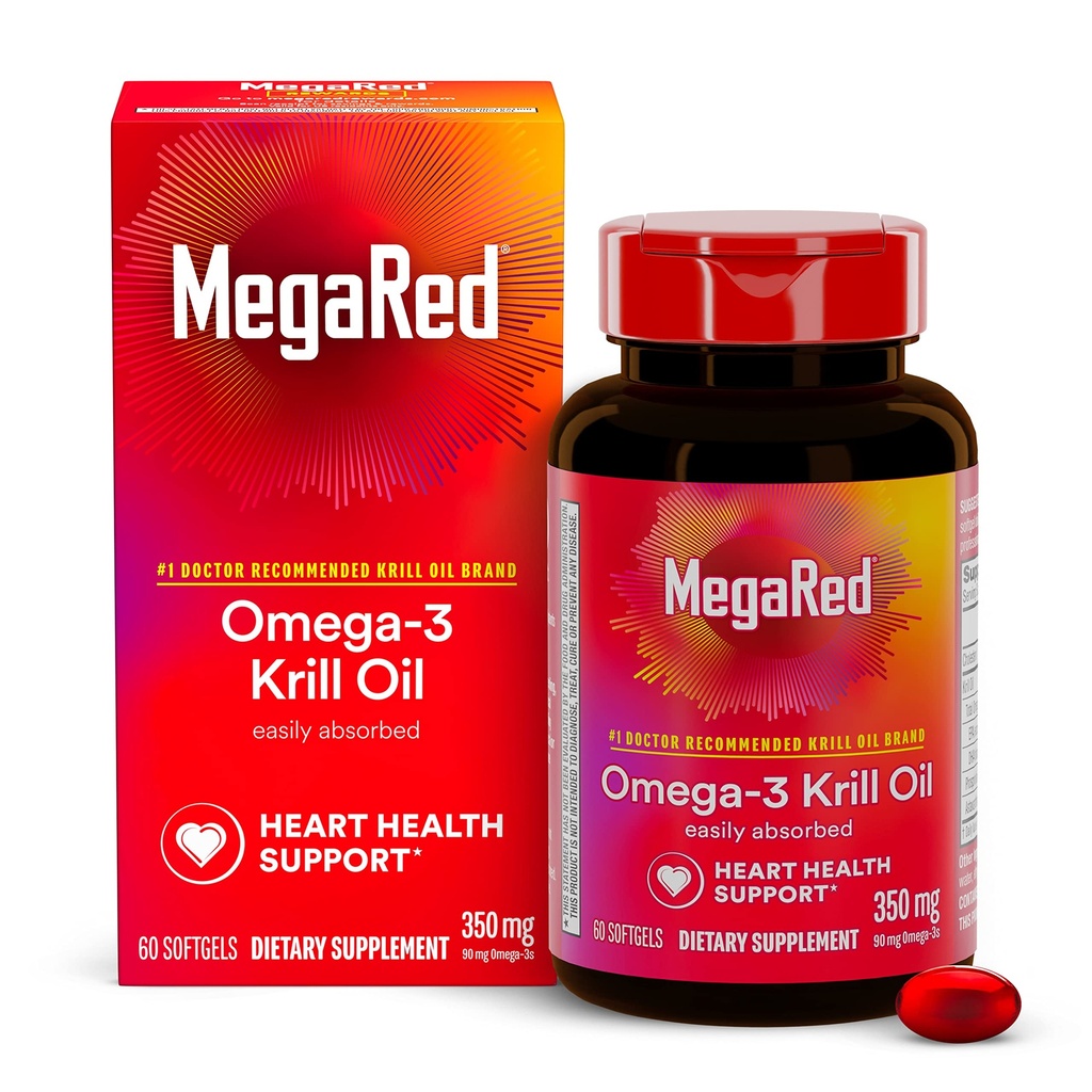 Omega-3 Krill Oil 350mg Softgels, MegaRed (60 telling in een fles), EPA & DHA Omega-3 vetzuren met geen visachtige afdronk In tegenstelling tot visolie, bevat Antioxidant Astaxanthine