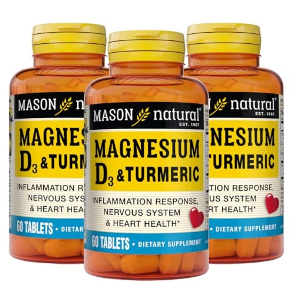 MASON NATURAL Magnesium & Vitamin D3 with Turmeric, 180 Day Supply | 500mg magnesium, 3000 IU vitamin D3, 150mg turmeric & calcium; dietary supplement to support normal muscle, bones & joints