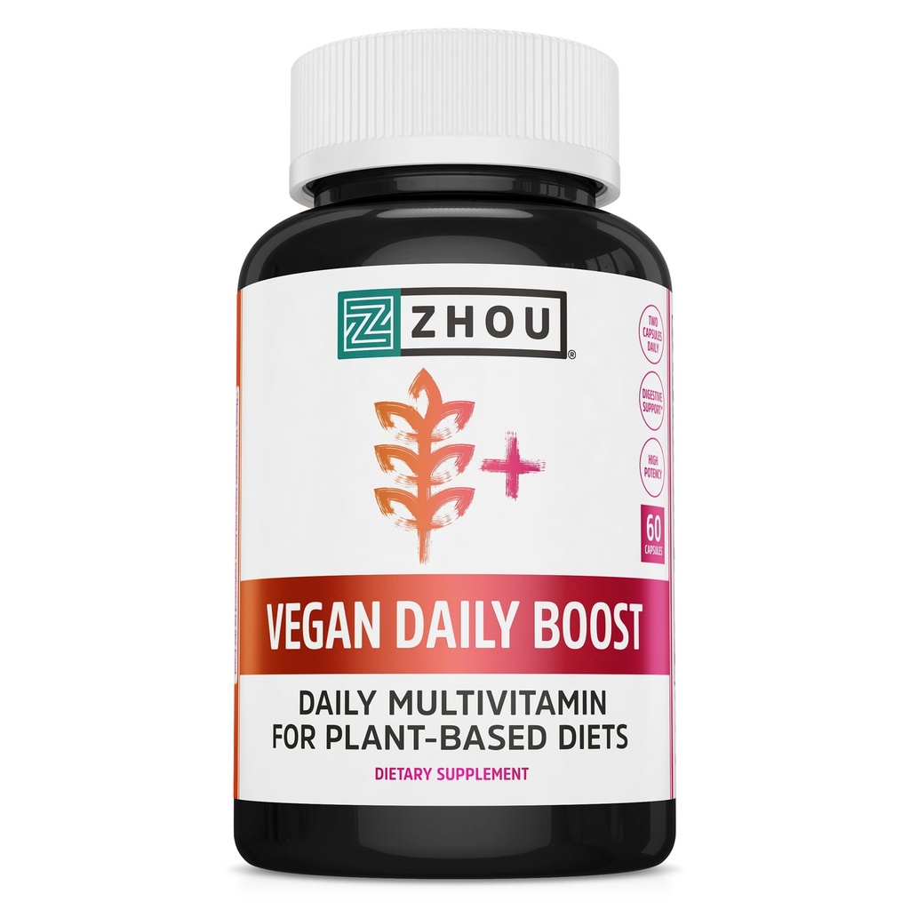 Zhou Vegan Multivitamine voor vrouwen en mannen, Dagelijks Veganistisch supplement, Essentiële Multi Vitamine met ijzer en zink voor energie, vitaliteit, Immuun Ondersteuning, & Whole Body Health - 60 Veg Caps