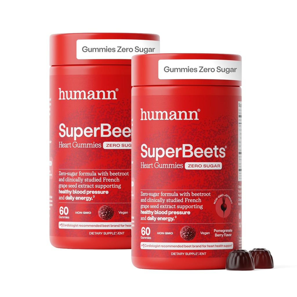 humanN SuperBeets Heart Gummies - Beet Gummy met Hart-Gezonde Energie Ondersteuning, Grape Seed Extract & Beetwortel Poeder, Suikervrij - Granaatappel Berry smaak, 120 Tel.