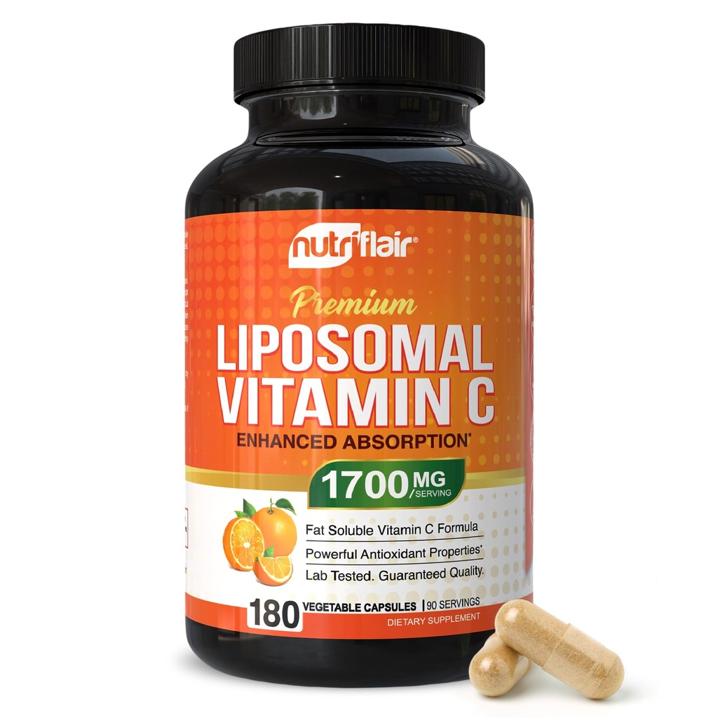 NutriFlair Liposomale vitamine C 1700 mg, 180 capsules - hoge absorptie, vetoplosbare VIT C, hogere biologische beschikbaarheid Immuunsysteemondersteuning & Collageen Booster, non-GMO, veganistische pillen