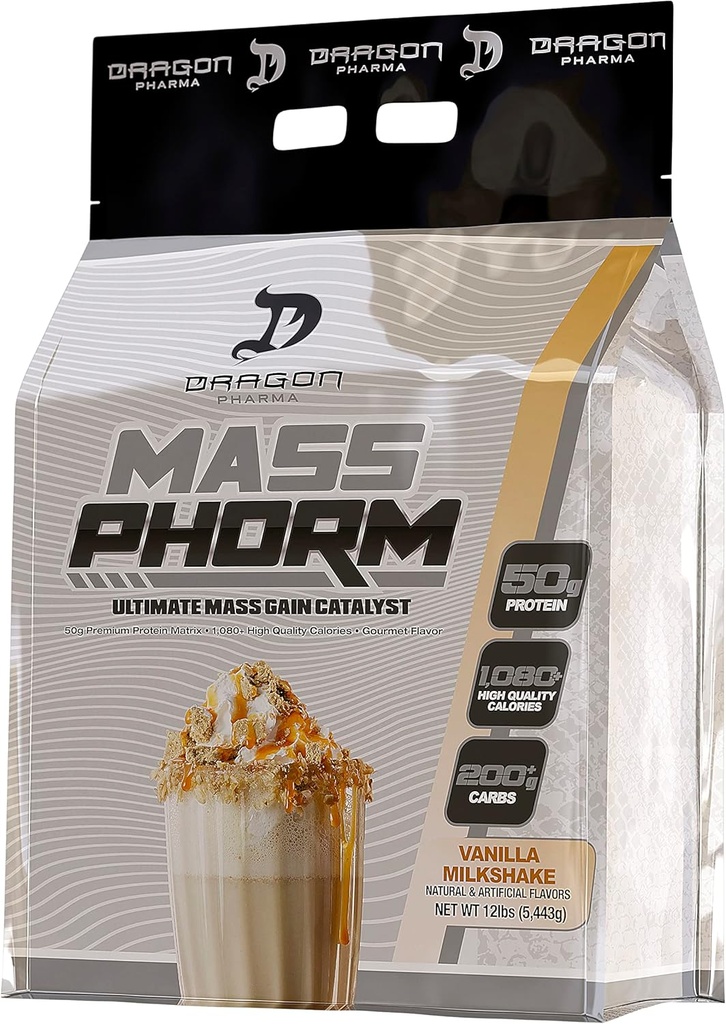 DRAGON PHARMA Mass Phorm, Ultimate Mass Gain Catalyst, 50g Protein Matrix, 200g Complex Koolhydraten, Meer dan 1.000 Calorieën per Serving (20 Servings, Vanilla Milkshake)