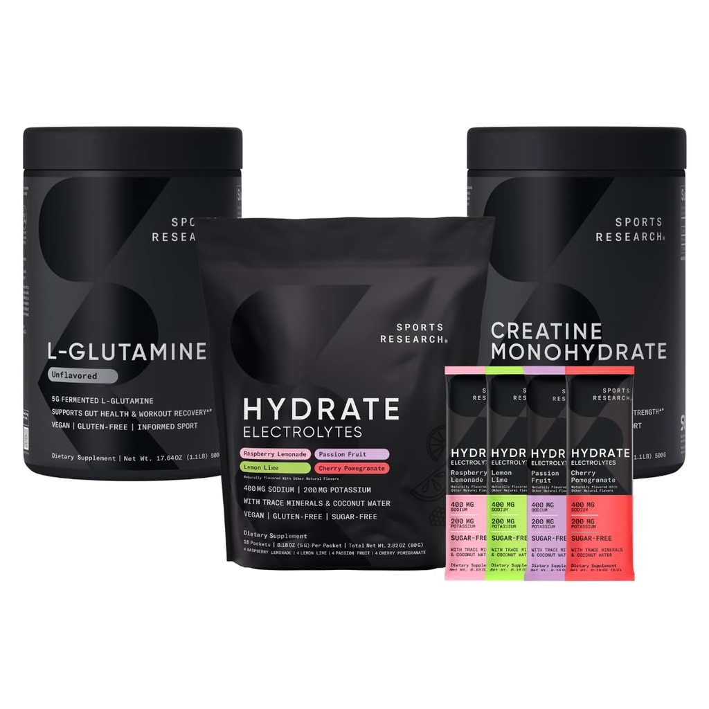 Sportonderzoek L-Glutamine 1,1 lbs), suikervrij natuurlijk Flavored Hydrate Electrolytes 16x Variety Packets en Creatine Monohydraat (1.1 lbs)