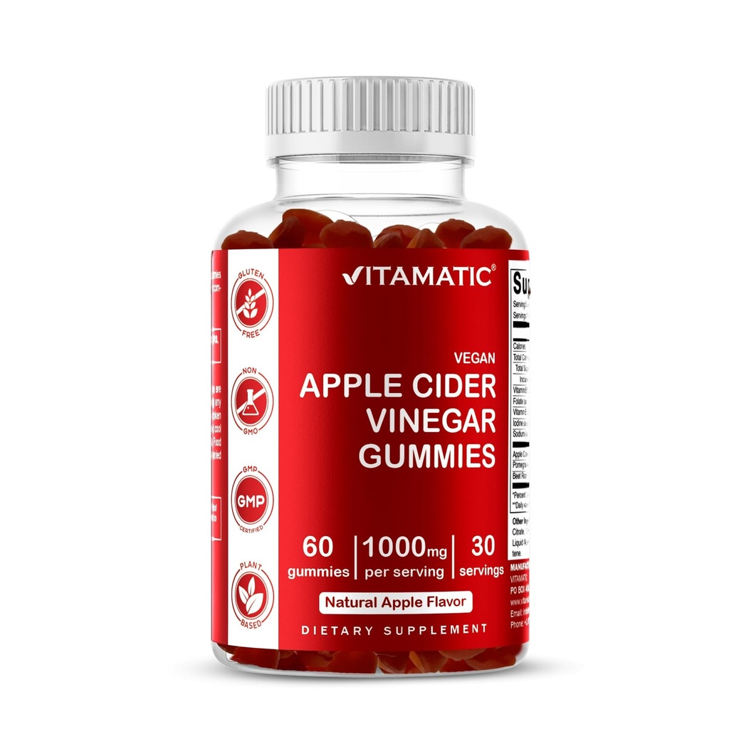 Vitamatic Apple Cider Vinegar Gummies - 1000mg per Serving - 60 Vegan Gummies - ACV Gummies for Detox, Weight Loss Support, Energy Boost, Digestion & Gut Health