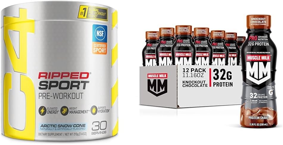 C4 Ripped Sport Pre Workout Powder Arctic Snow Cone & Muscle Milk Pro Advanced Nutrition Protein Shake, Knockout Chocolate, 11,16 Fl Oz (pakket van 12)