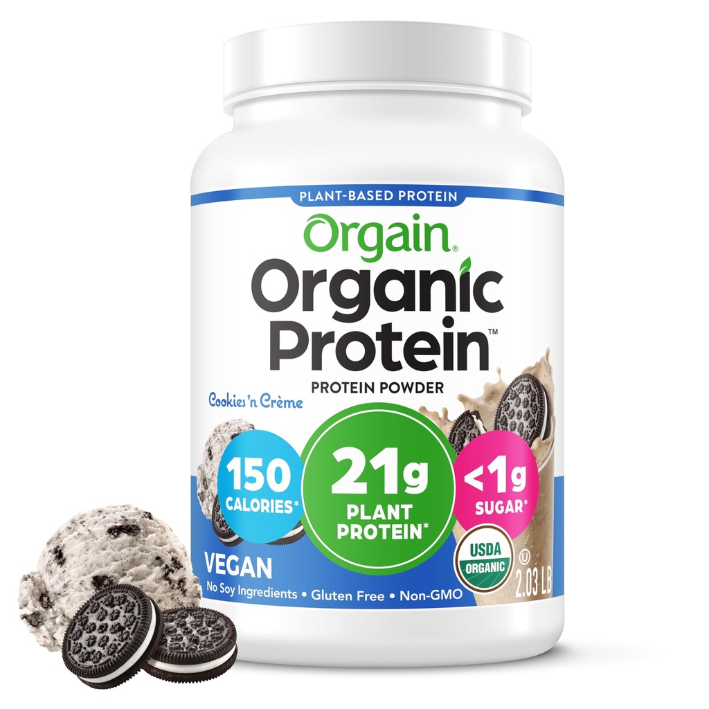 Orgain Organic Vegan Protein Powder, Cookies & Cream - 21g Plant Based Protein, 7g Prebiotic Fiber, Low Net Carb, No Lactose Ingrediënten, No Added Sugar, Non-GMO, For Shakes & Smoothies, 2.03 lb