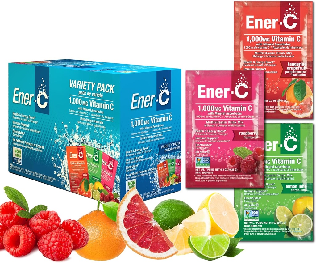 Ener-C Variety Pack Multivitamine Drink Mix Poeder Vitamine C 1000mg & Elektrolyten met echt fruitsap Natuurlijke energie & Immune Support for Women & Men - Non-GMO Vegan & Gluten Free - 30 Tel.
